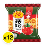 PR Rice Cracker Tomato Flavor snack pack, 18g x 12, dry grocery snack with crispy rice crackers and tomato flavor.