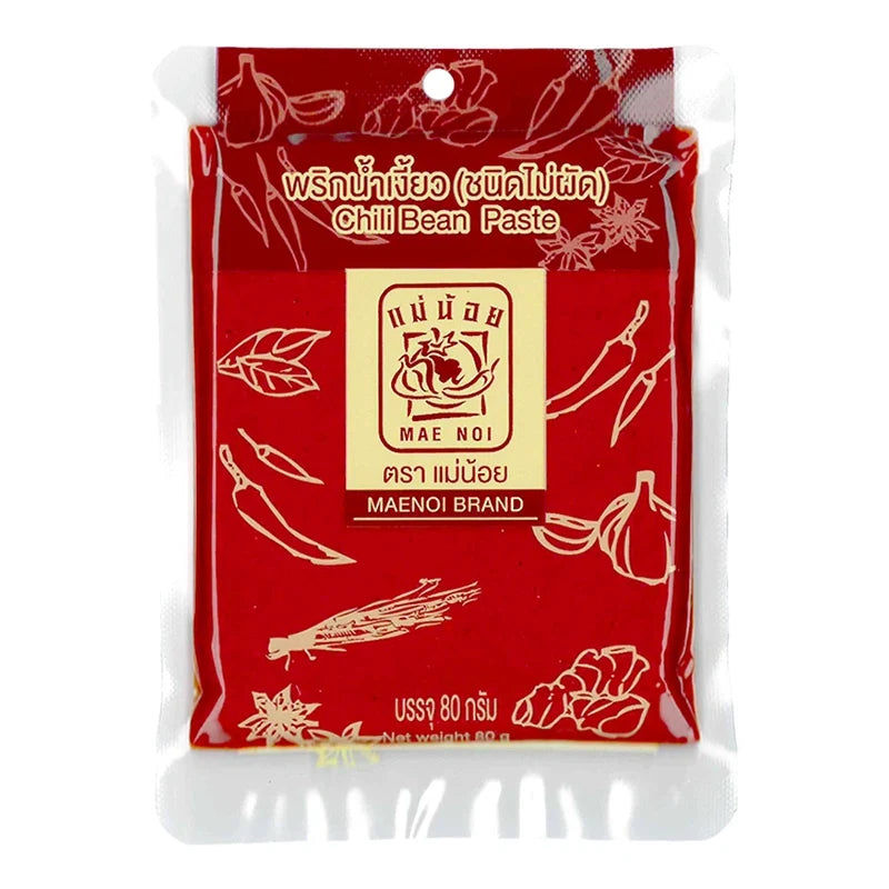 MAE NOI Chili Bean Paste 80g jar, dry grocery product with red chili and bean ingredients, typical of Asian condiment packaging.