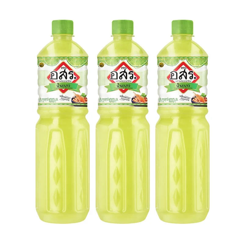 PFO Lime Juice Mixed 55% in 1L bottles, three-pack, dry grocery product with fresh lime juice content.