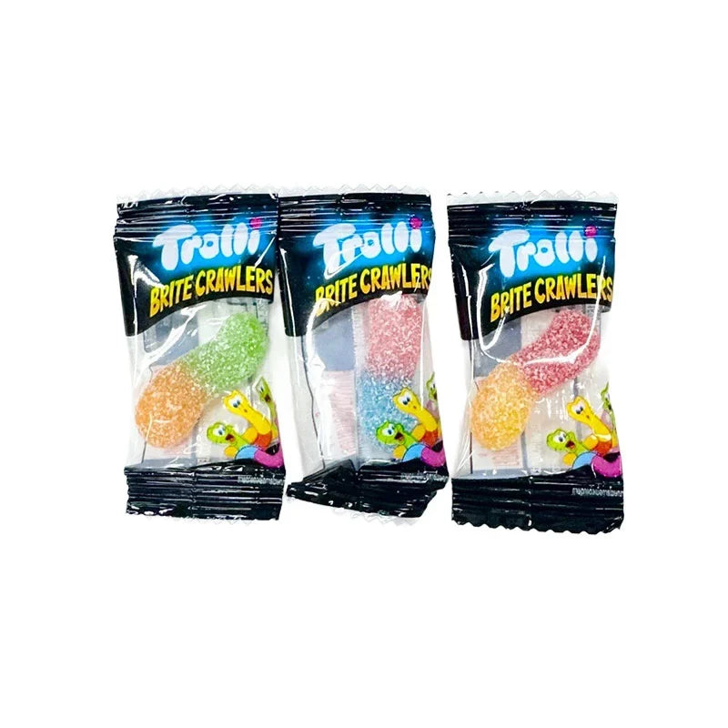 Trolli Gummy Fruity Brite Crawler candy in 184g bag, colorful chewy fruit-flavored gummy snacks from Trolli.