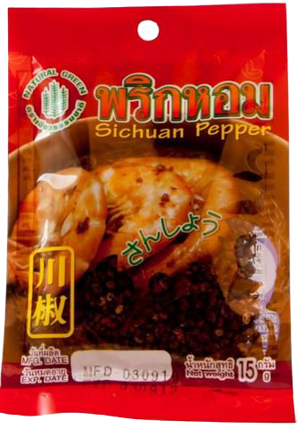 Ostrich brand Sichuan pepper in a grocery package, showing the spice's red berries and textured surface.