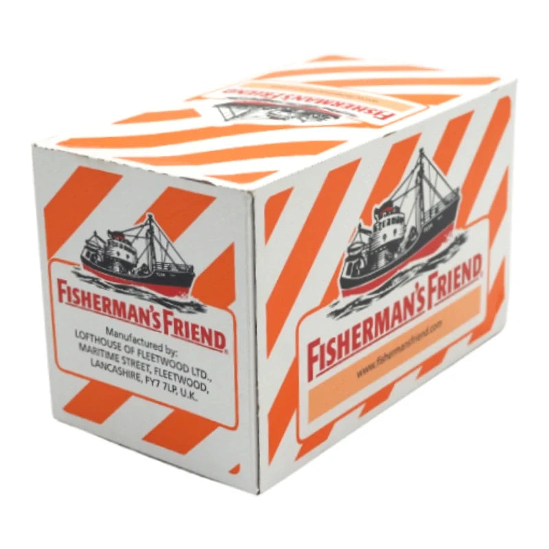 Fisherman's Friend Spicy Mandarin Lozenges in a pack, spicy citrus-flavored hard candies from FISHERMAN'S FRIEND brand.