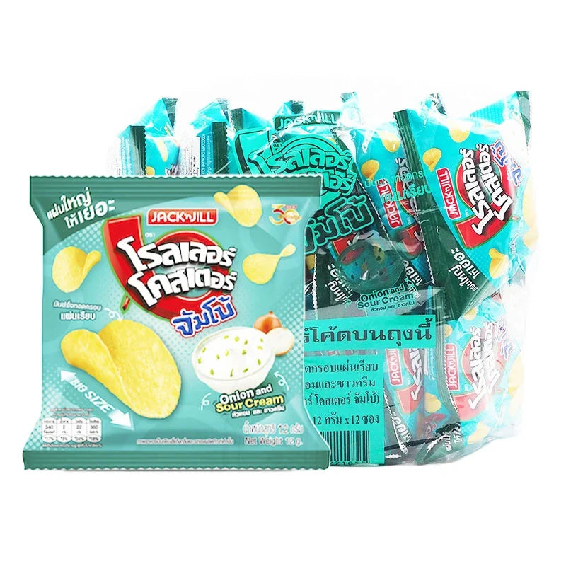Roller Coaster Onion & Sour Cream snack pack, 12g x12, dry grocery confectionery with colorful snack packaging.