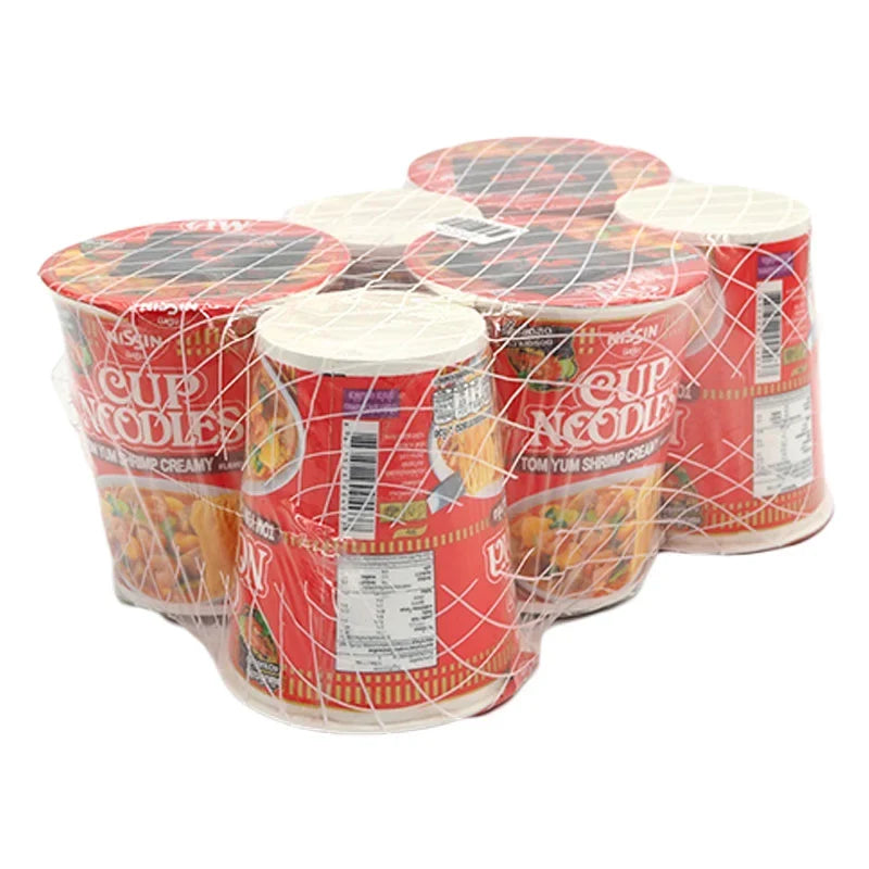 Nissin Cup Tomyum Kungnamkon instant noodle cup, dry grocery product, featuring spicy soup flavor and noodles in a 77g cup, six-pack.