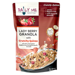 Daily Me Lady Berry Granola package with mixed berries and oats in a clear plastic bag for breakfast or snack.