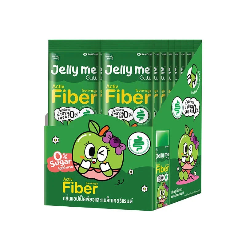 Handy Herb Jelly Me Activ Fiber snack in apple and blackcurrant flavor, featuring colorful fruit-flavored jelly candies in a package.