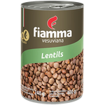 Fiamma Vesuviana lentils in a clear bowl, showcasing their small, round, light brown appearance on a white background.