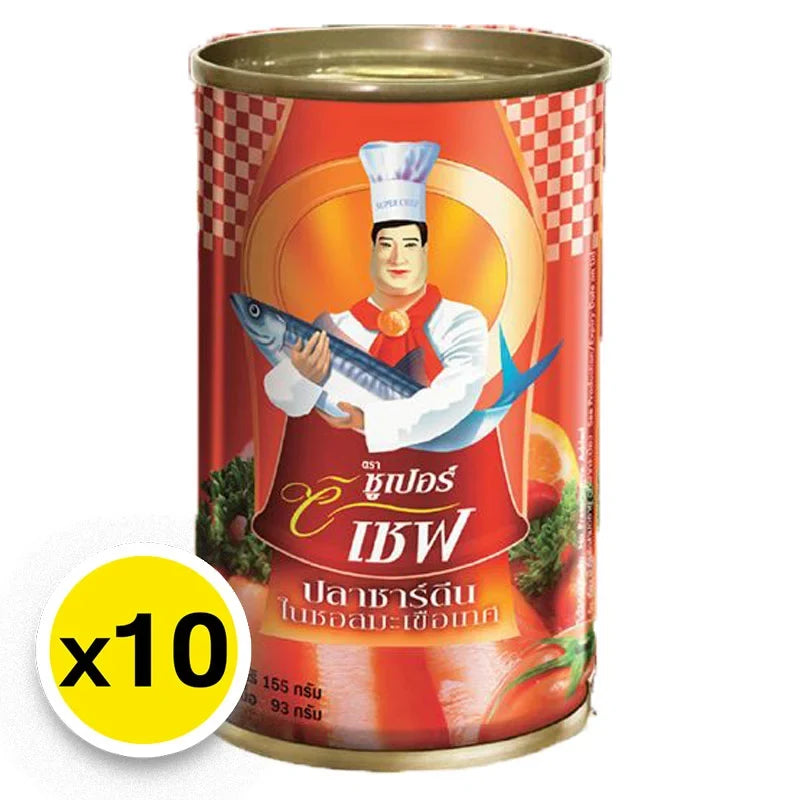 Super C Chef Sardines in Tomato Sauce 155ml can, with ten cans shown, featuring a label with sardines in sauce on the can.