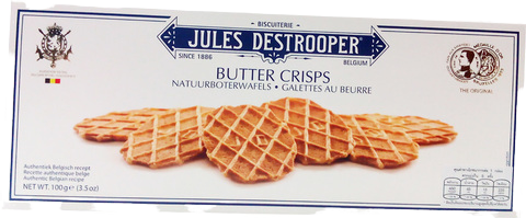 Jules Des Troopers Butter Crisps confectionery snacks in a colorful package with golden-brown crispy treats visible inside