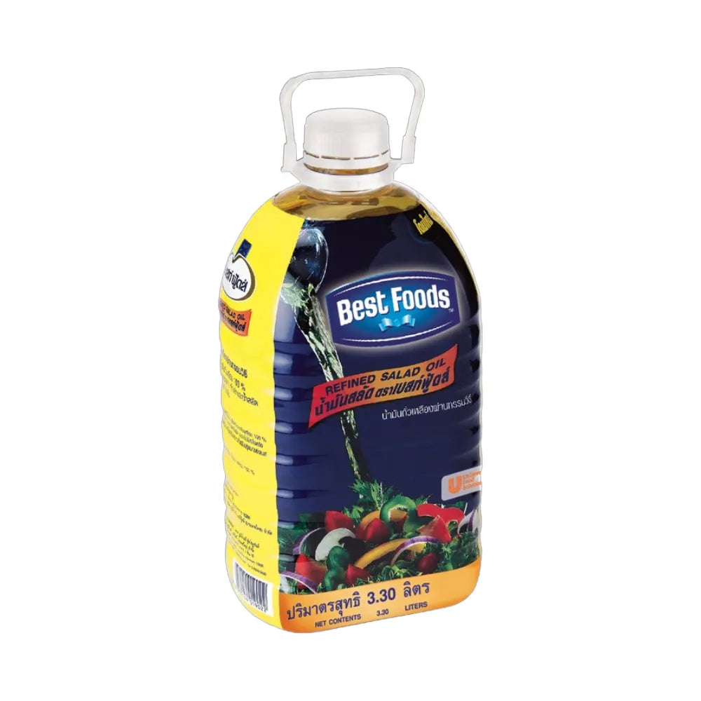 Refined salad oil by Best Foods in a 3-liter bottle, ideal for cooking and dressings in dry grocery section.