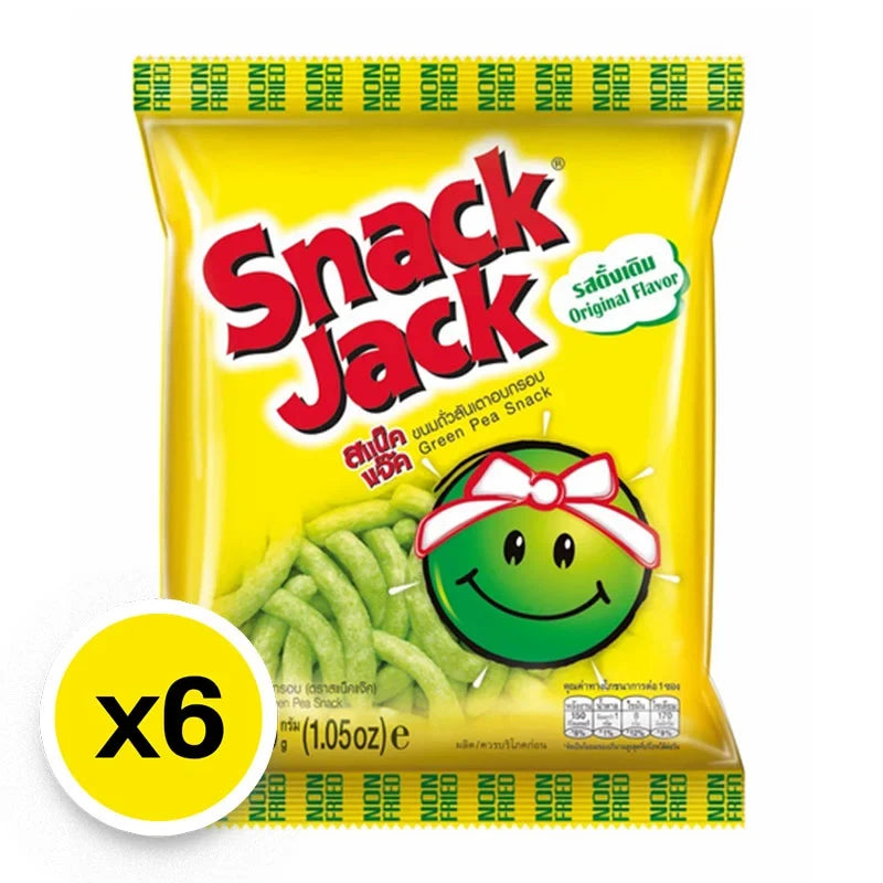 Snack Jack Green Pea snack pack, 30g x6, dry grocery snack with crunchy green pea chips in a bright packaging.