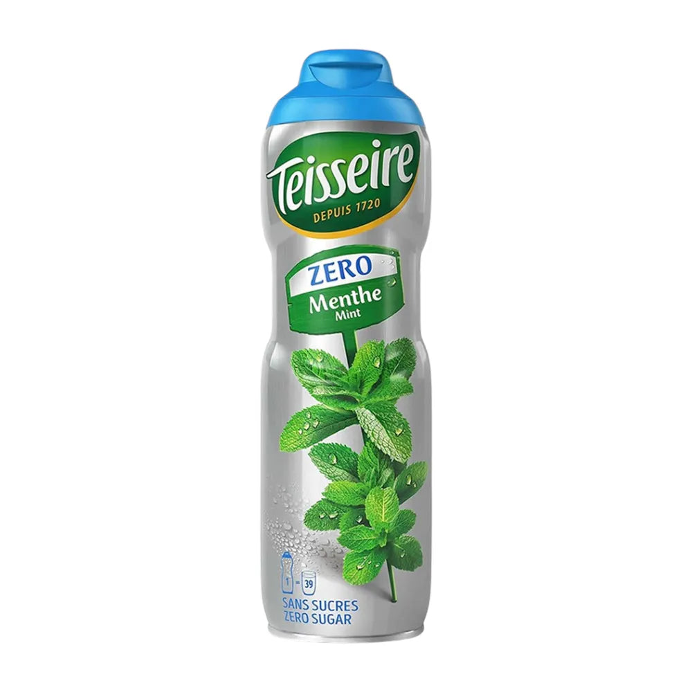 Teisseire Green Mint flavored syrup in 600ml sugar-free bottle, ideal for drinks and culinary use in dry grocery.
