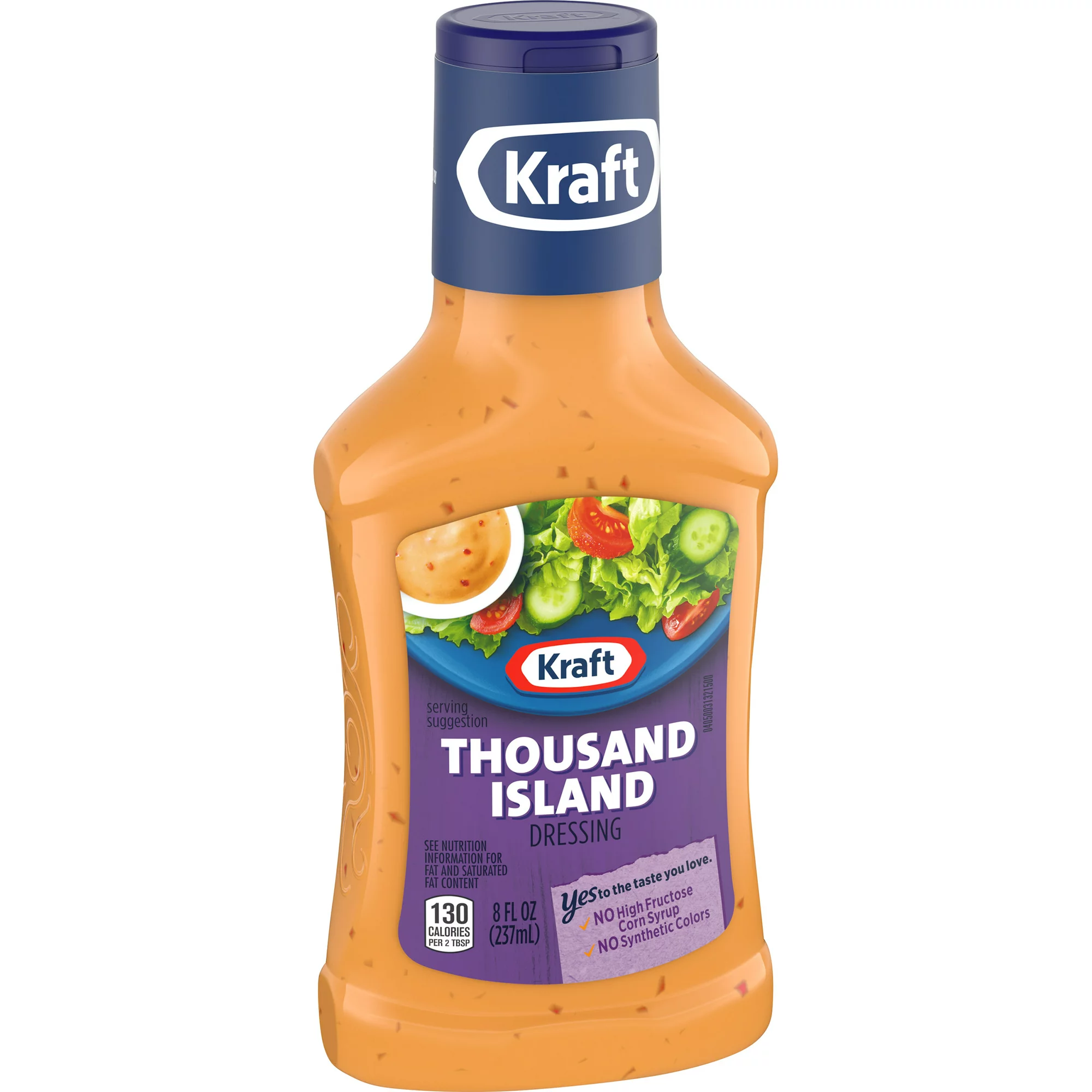 Kraft Thousand Island dressing in a glass bottle, creamy and tangy, ideal for salads and sandwiches.