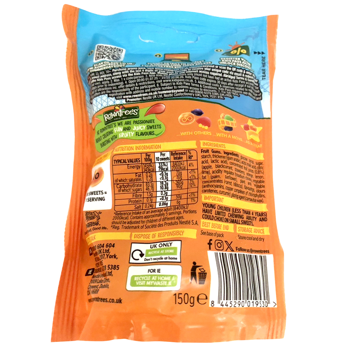 Colorful Rowntree's Fruit Gums confectionery snacks with assorted fruit flavors in a variety of vibrant shapes and colors.