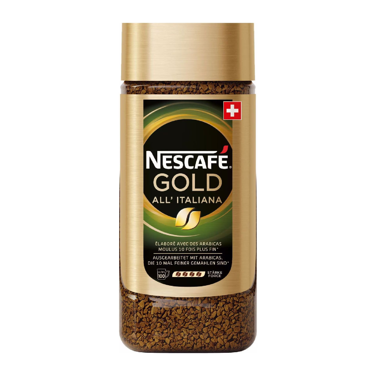 Nescafe Gold All Italiana coffee drink in a clear glass with a frothy top, showcasing a rich, inviting coffee beverage.