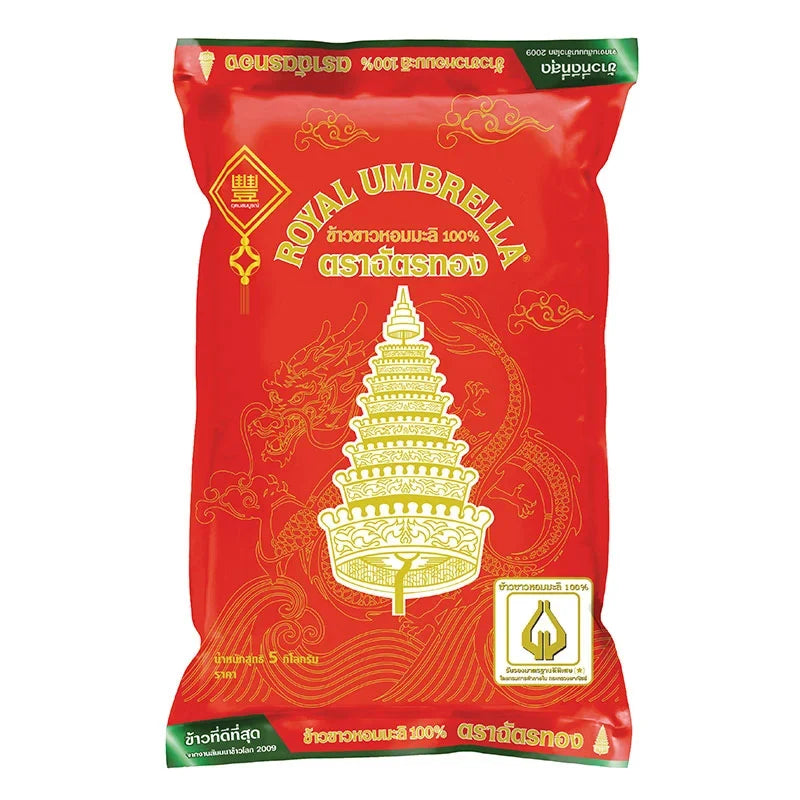 Chat Thong Jasmine Rice 100%, 5kg bag of dry grocery rice, showcasing a neatly stacked package of high-quality jasmine rice.