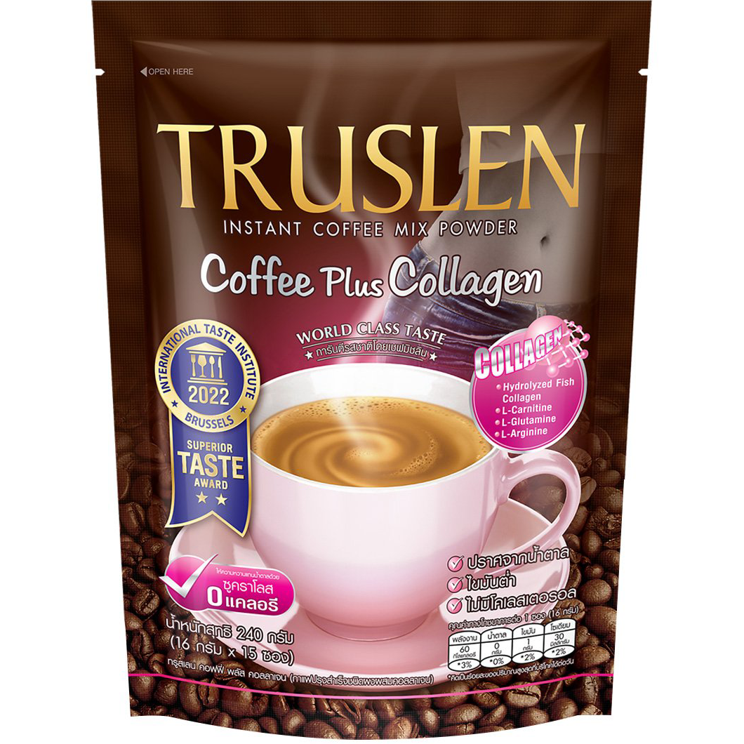 Truslen Coffee Plus Collagen drink pack featuring 15 individual servings in colorful packaging.