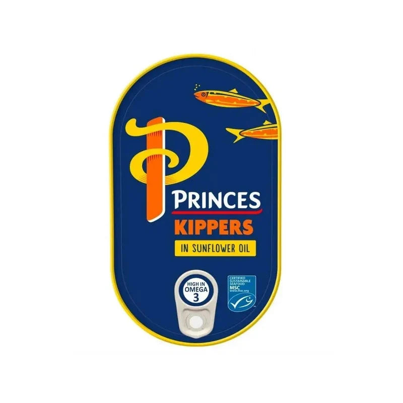 Cans of Princes Kipper Fillet in sunflower oil, 190g each, in a multi-pack of 20, for dry grocery storage and cooking.