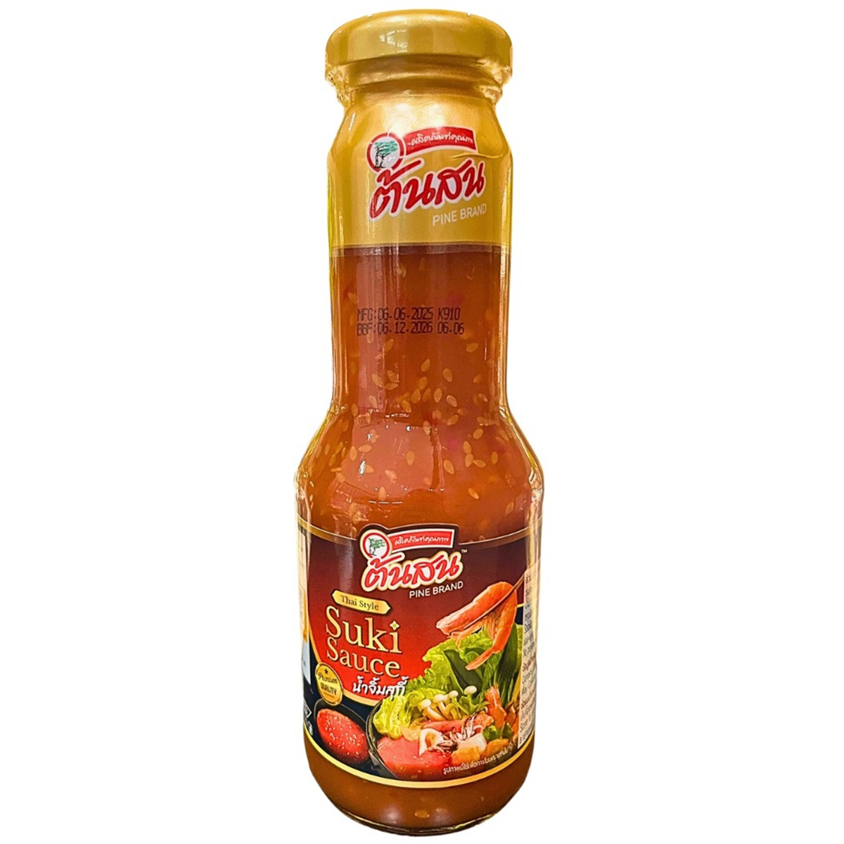 Bottle of Pine Suki Sauce, a grocery item, with a label featuring the Pine brand and a dark, savory sauce inside.
