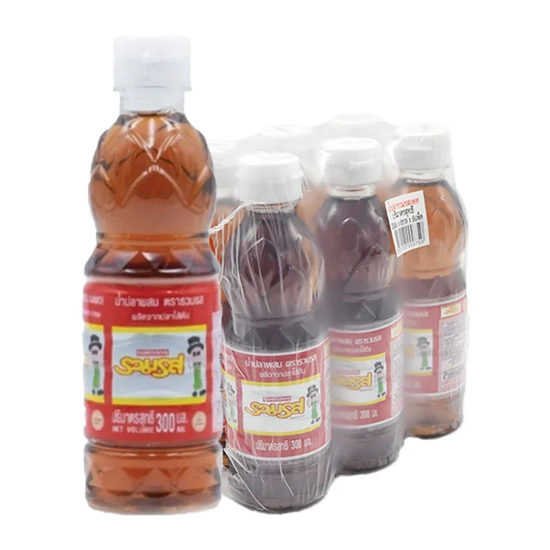 Six bottles of Ruamros Mixed Fish Sauce, 300ml each, in clear glass bottles with red caps, suitable for Asian cooking.