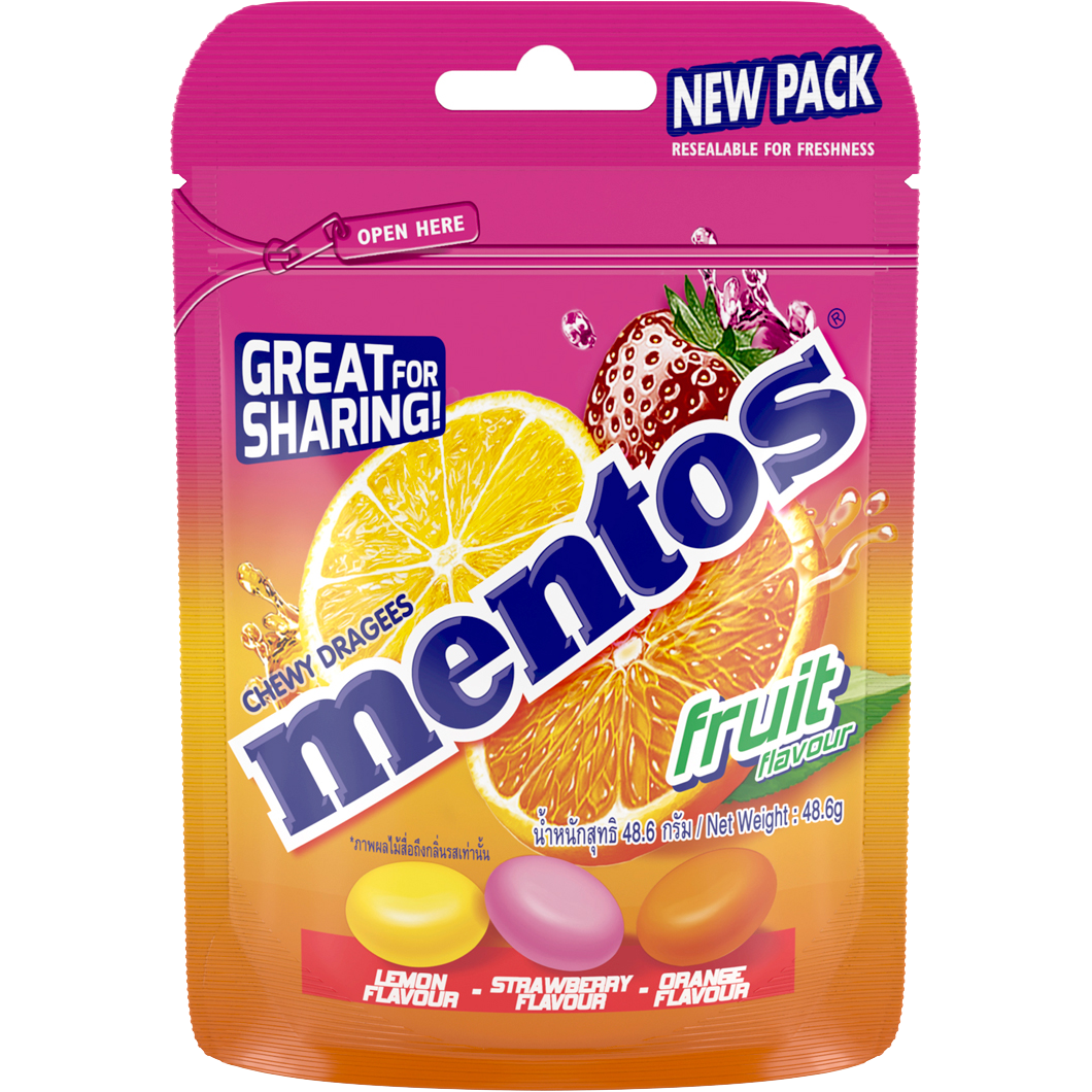 Mentos Resesble Bag Fruit confectionery snacks featuring colorful fruit-flavored candies in a resealable bag.