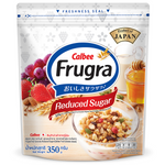 Calbee Frugra Fruit Granola with reduced sugar in a bowl, showing crunchy granola, dried fruit, and nuts.