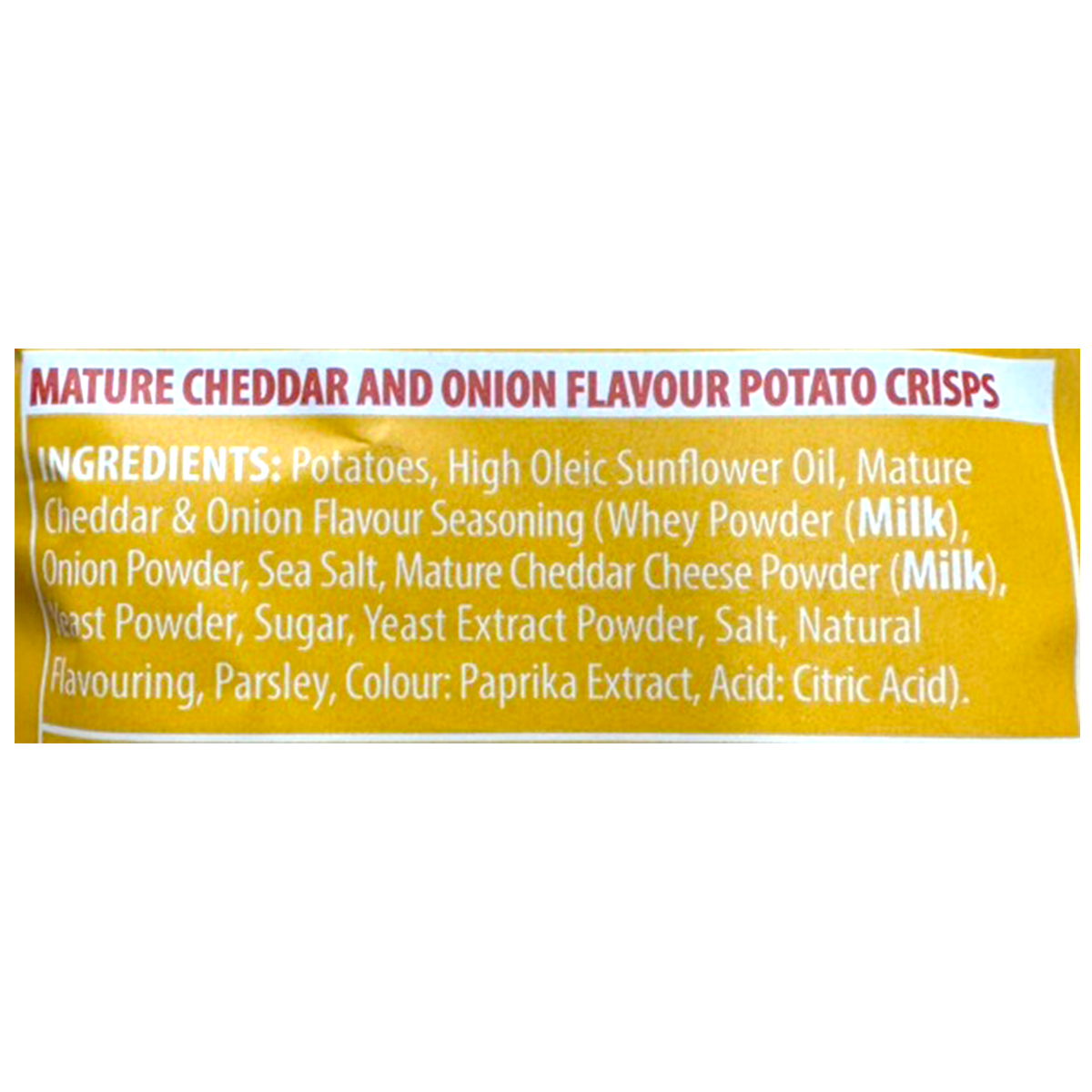 Taylors Mature Cheddar and Onion flavored potato crisps in a colorful snack bag, showcasing crispy chips with cheesy and onion seasoning.