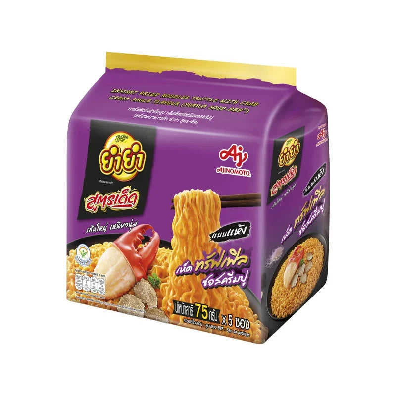 YUMYUM Yumyum Instant Noodles Truffle with Crab Cream Sauce flavor, 75g dry grocery product with noodles and sauce packet visible