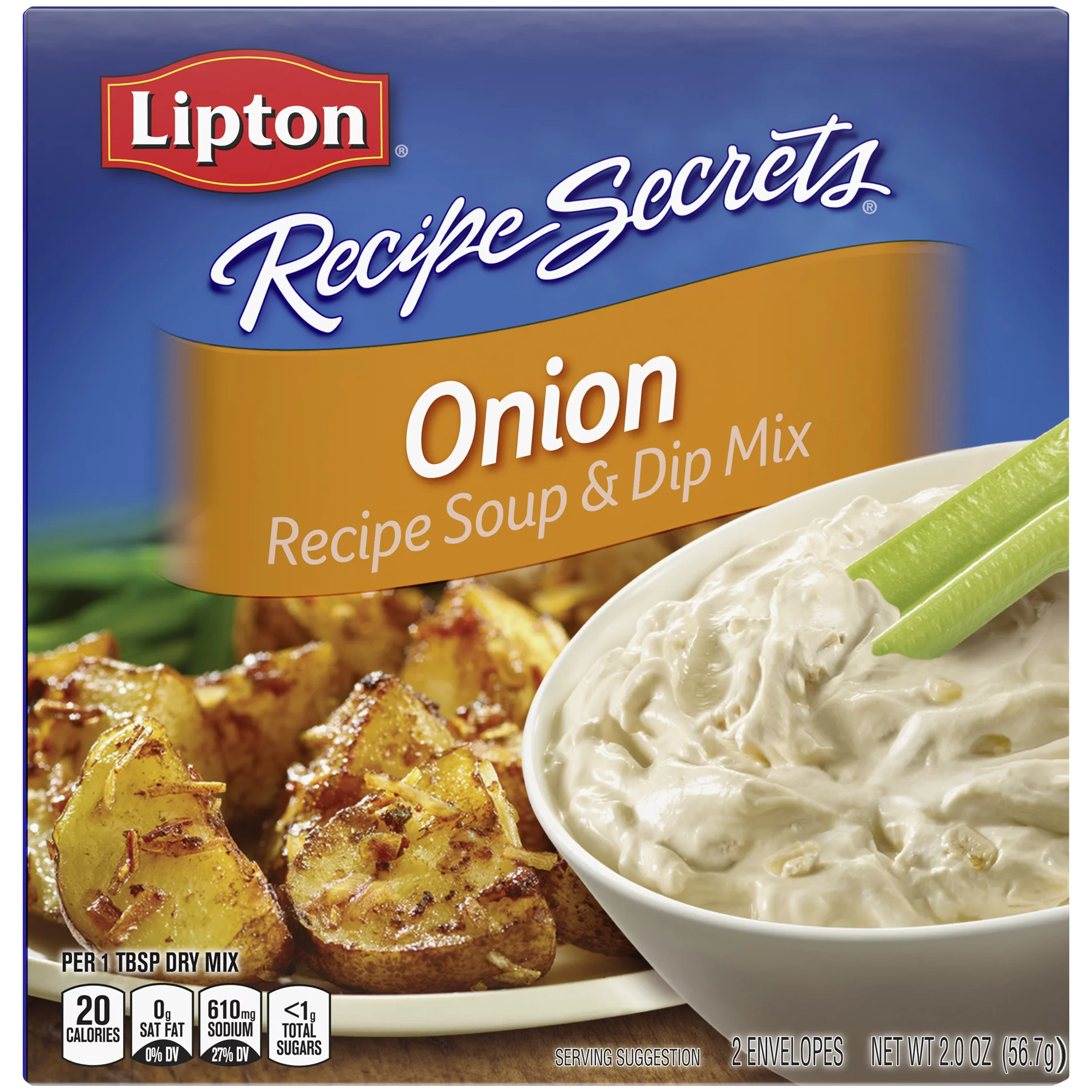Lipton Recipe Secrets Onion Soup and Dip Mix in a grocery package, ready for cooking or serving.