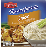 Lipton Recipe Secrets Onion Soup and Dip Mix in a grocery package, ready for cooking or serving.