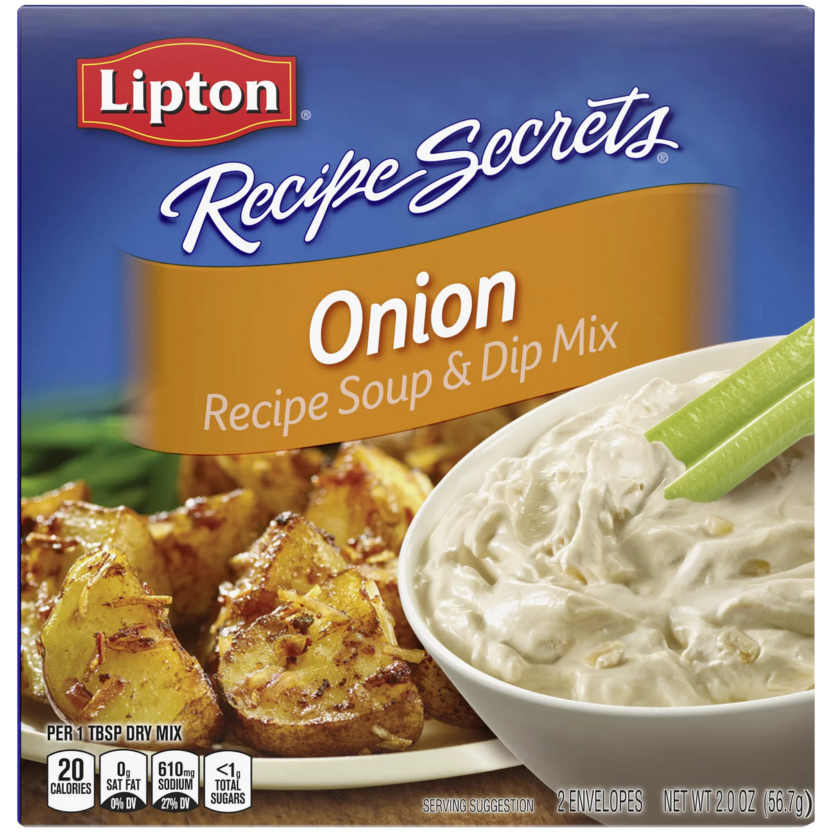 Lipton Recipe Secrets Onion Soup and Dip Mix in a grocery package, ready for cooking or serving.