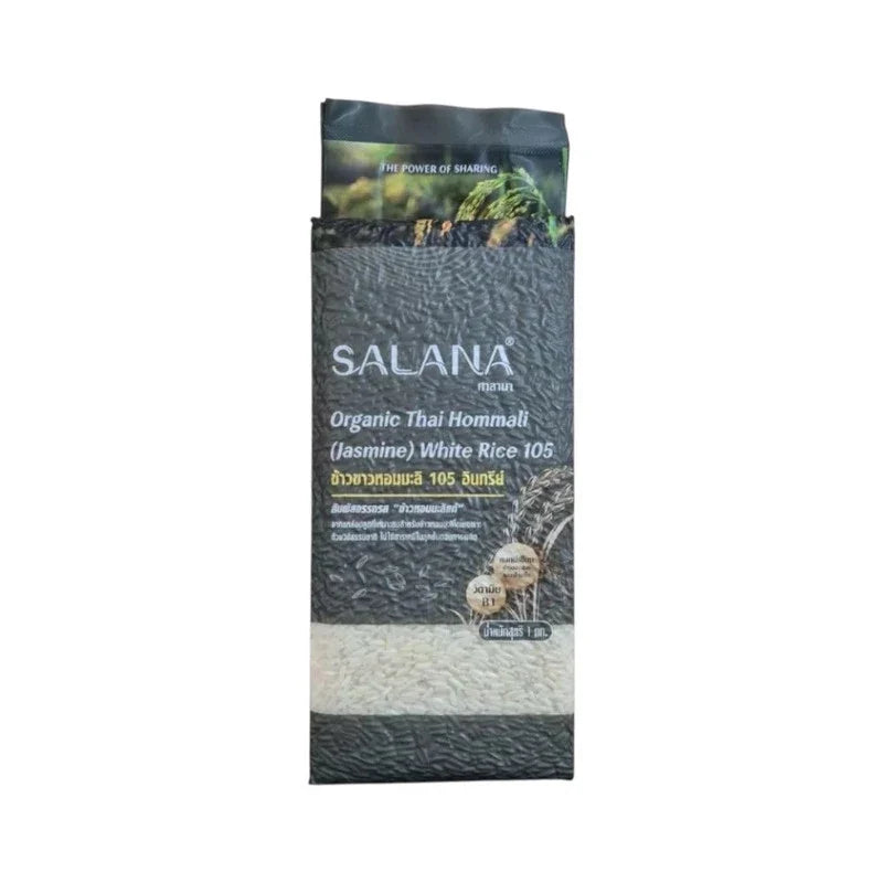 Salana Jasmine Rice 105 organic dry grocery in vacuum-packed 1kg bag, showcasing glossy jasmine rice grains.