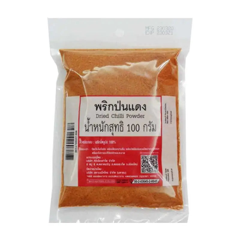 Makro Dried Chili Powder in a 100g package, showing vibrant red chili flakes in a clear container for dry grocery use.