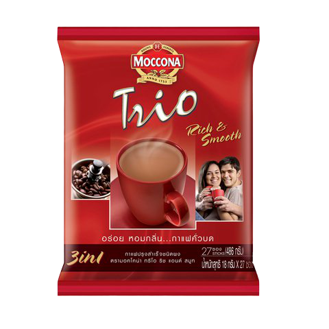 Moccona Rich & Smooth 3-in-1 coffee drink in a packet, showcasing the product packaging with coffee and milk ingredients.