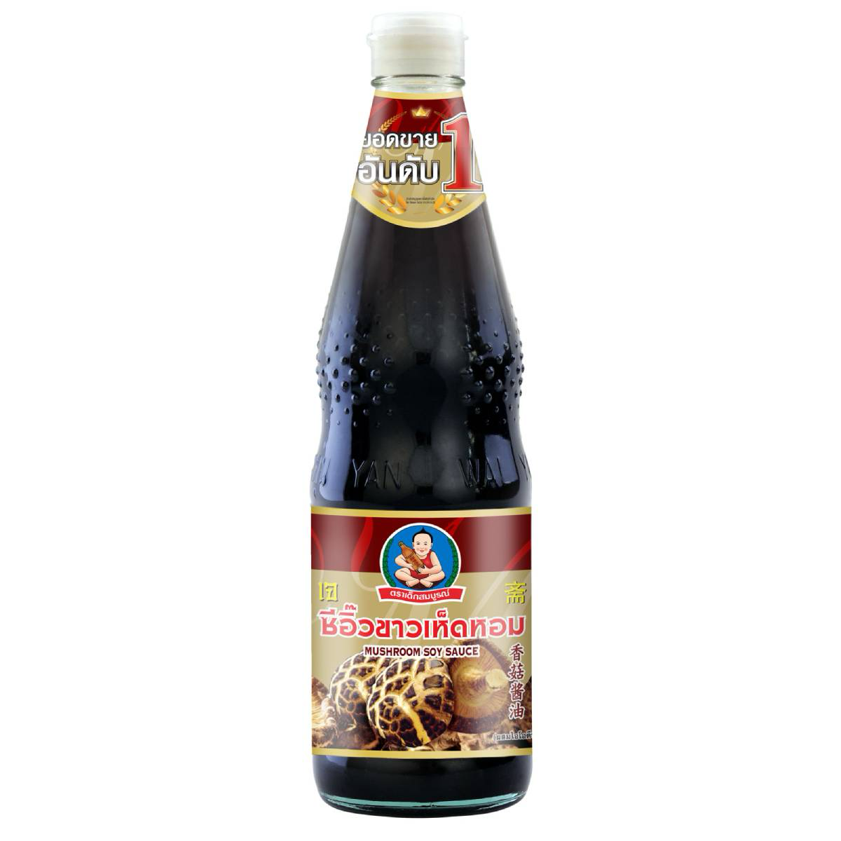 Healthy Boy Mushroom White Soy Sauce bottle for cooking, featuring a white label and dark soy sauce inside.