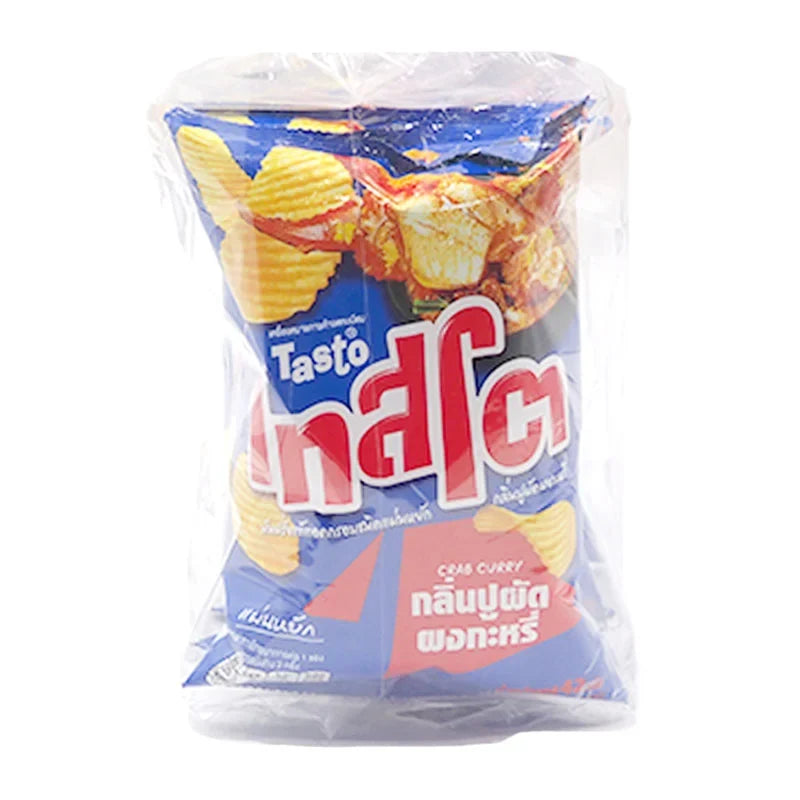 Tasto Potato Rock Chips Crab Curry flavor in 42g packs, crispy snack with bold seafood and curry taste, stacked in a box.