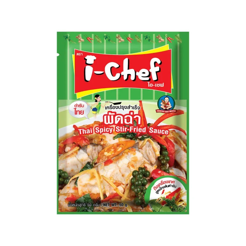 I-CHEF Thai spicy stir-fry sauce in 50g dry grocery packet, with vibrant red chili and aromatic herbs visible on the packaging