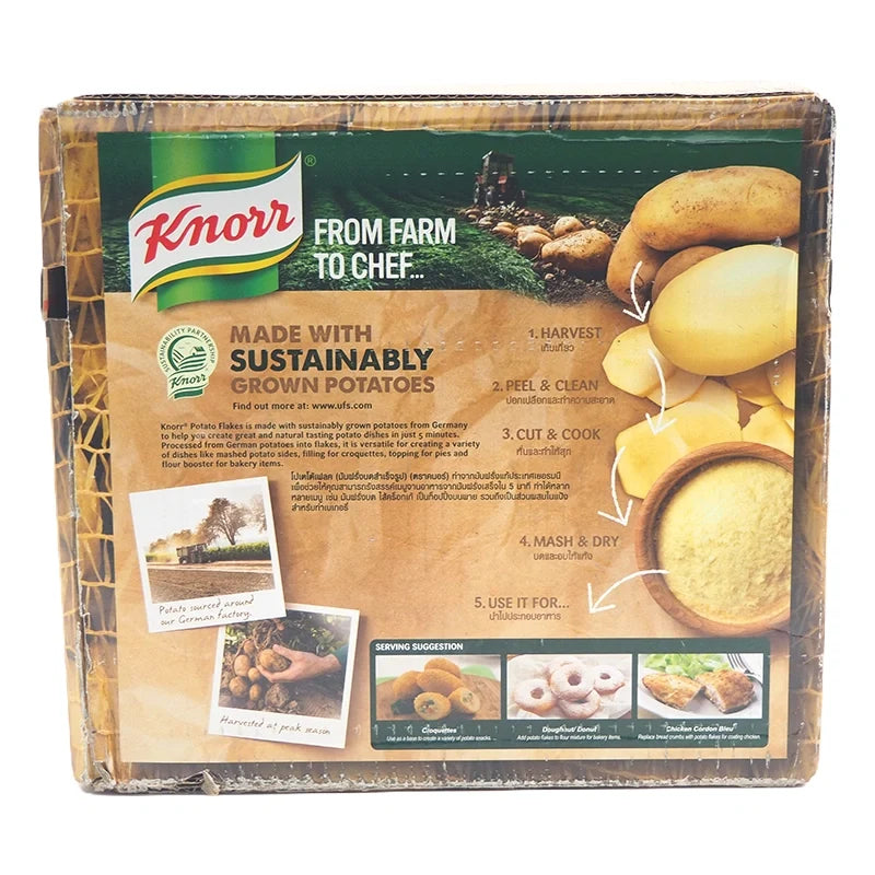 Knorr Potato Flakes 2kg in a bag, dry grocery product with textured potato flakes ready for cooking.