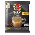 Moccona Trio Classic coffee drink in glass cups with coffee beans and milk, showcasing the rich, creamy beverage presentation.