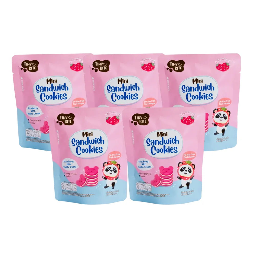 Mini sandwich cookies from Tiny Bite snack confectionery, showing small layered cookies with creamy filling on a neutral background.