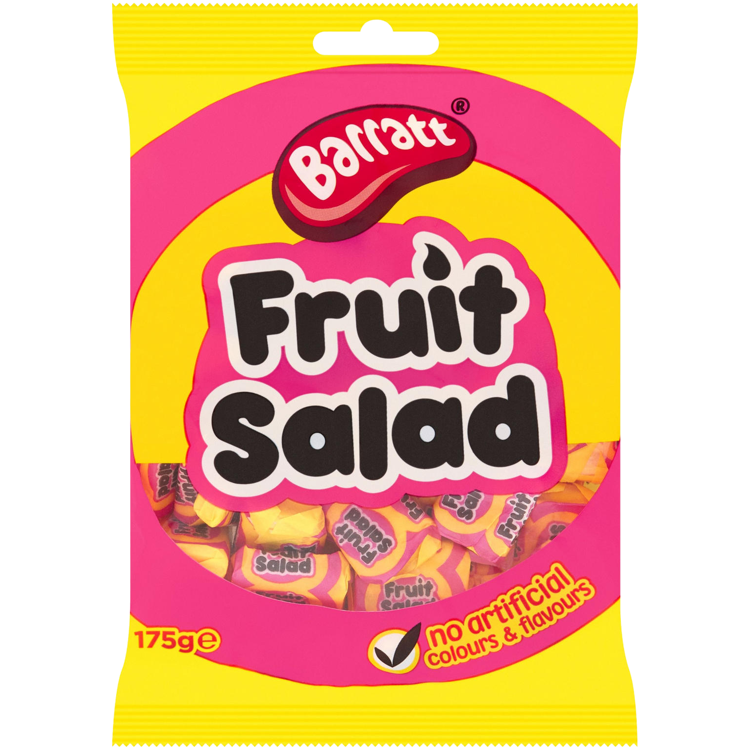 Assorted Barratt Fruit Salad Chews in colorful packaging, showcasing bright, chewy fruit-flavored confectionery snacks.