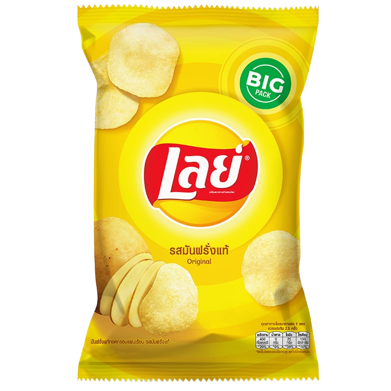 Lay's classic potato salt snack bag, crispy confectionery snack with salted potato chips in a colorful bag.
