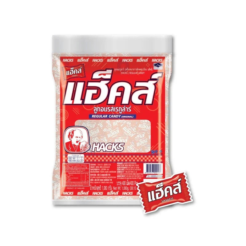 Hacks Regular Candy in colorful packaging, a snack confectionery from Hacks brand, shown in a close-up image.