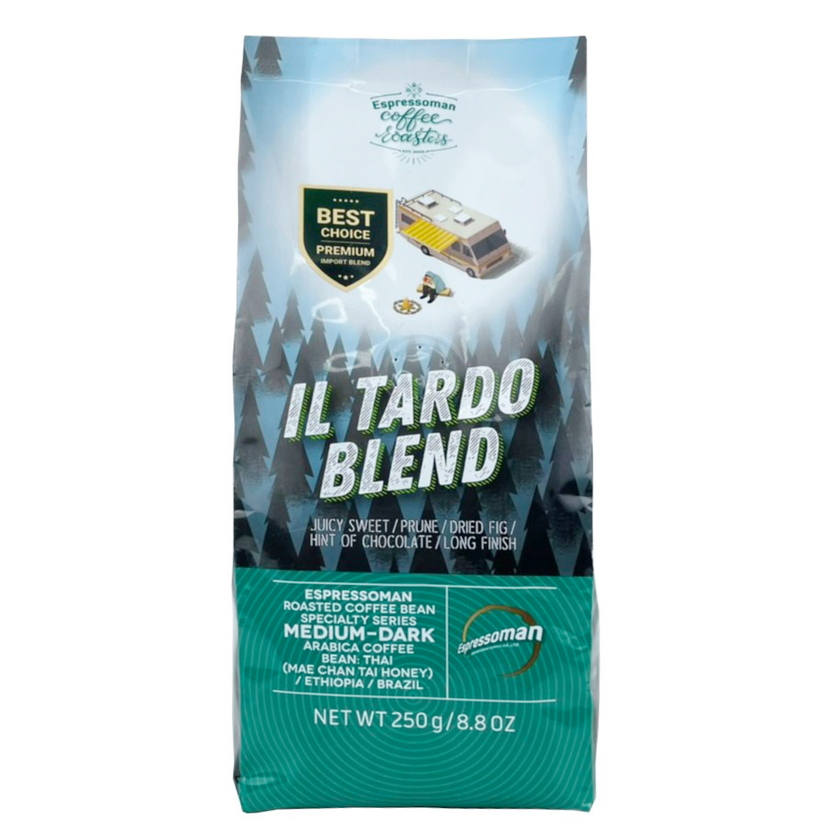 Espressoman Il Tardo Blend coffee drink in a clear glass, showcasing rich dark color and smooth texture.