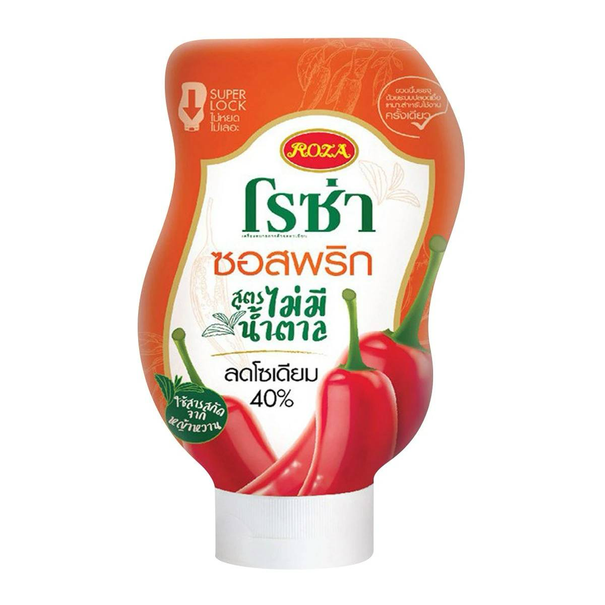 Roza Chili Sauce No Sugar bottle, grocery product featuring spicy red chili sauce with no added sugar, in a clear plastic bottle.