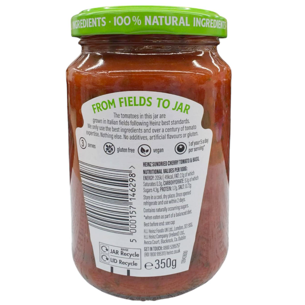 Heinz Sundried Cherry Tomato and Basil in a jar, fresh ingredients for cooking or snacking, grocery product image.