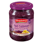 Cans of Hengstenberg Red Cabbage in a grocery store, showcasing the product label and packaging.