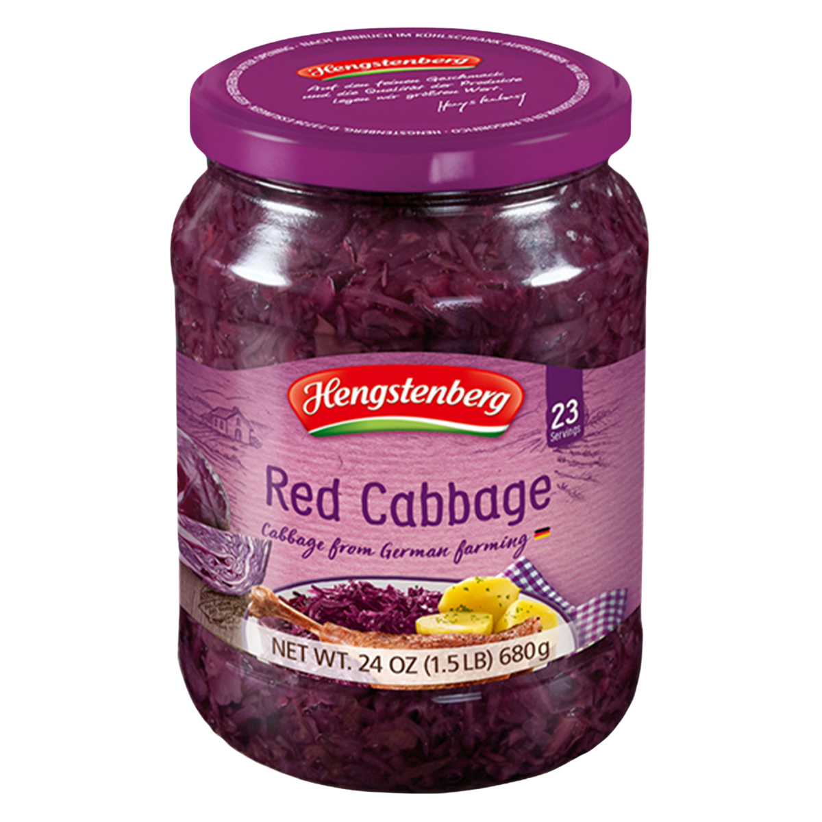Cans of Hengstenberg Red Cabbage in a grocery store, showcasing the product label and packaging.