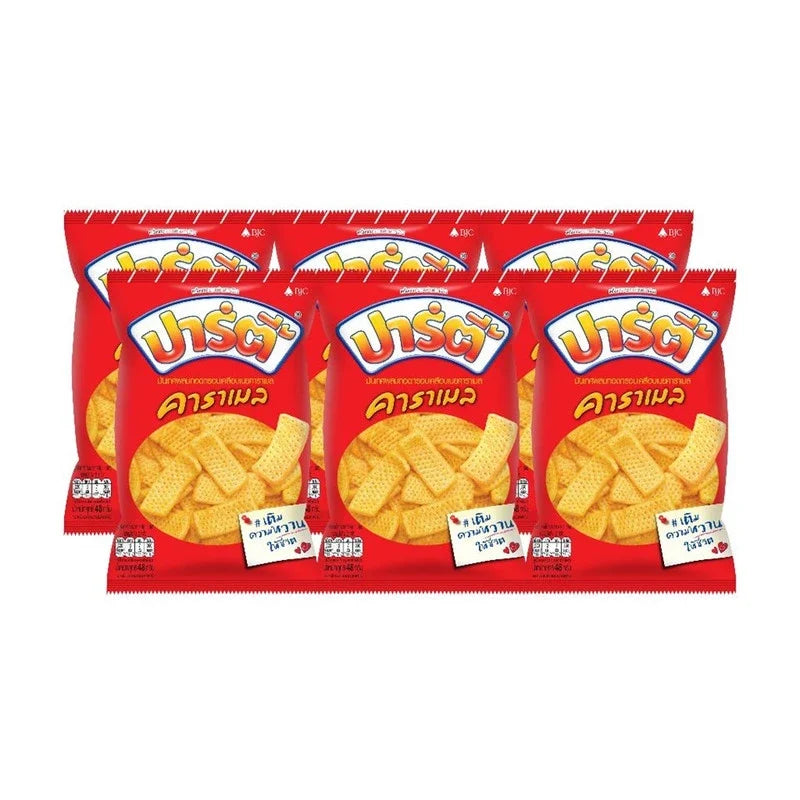 Party Caramel Snack 48g, a pack of six dry grocery confectionery snacks in a colorful wrapper.