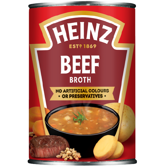 Heinz Beef Broth Soup in a bowl, showcasing rich, savory beef broth with visible herbs and vegetables, on a white background